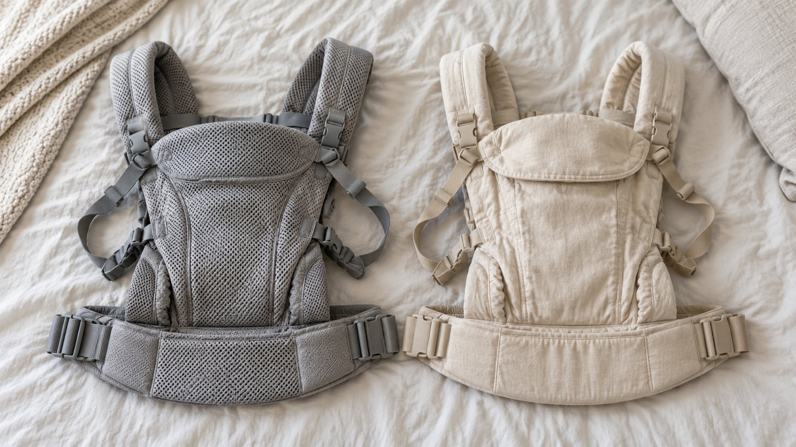 Two unbranded soft baby carriers laid flat on a bed (illustrative)