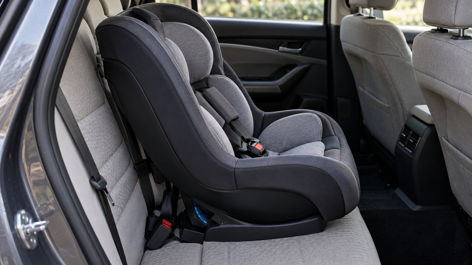 An unbranded convertible car seat in a back seat (illustrative)