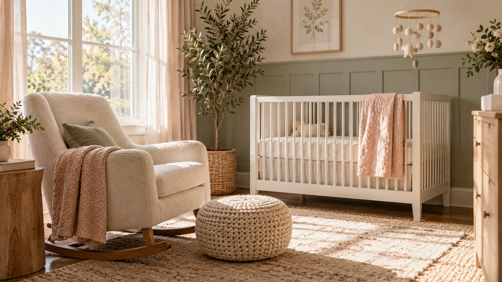 A sunlit nursery with a crib and a rocking chair (illustrative)