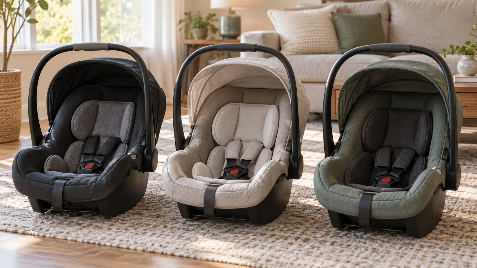 Three unbranded infant car seat carriers on a living room floor (illustrative)