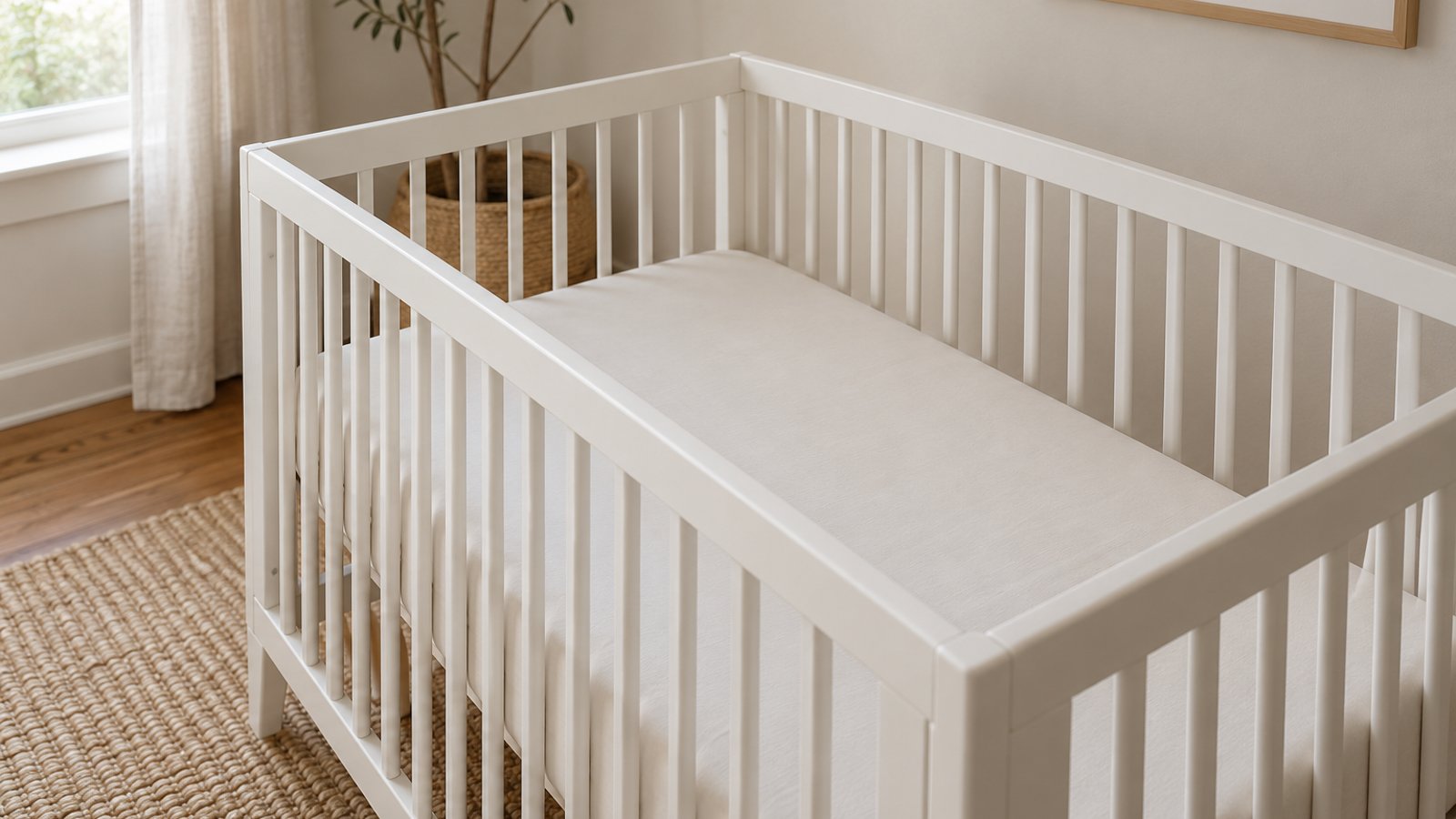 An empty crib with only a fitted sheet in a calm nursery (illustrative)